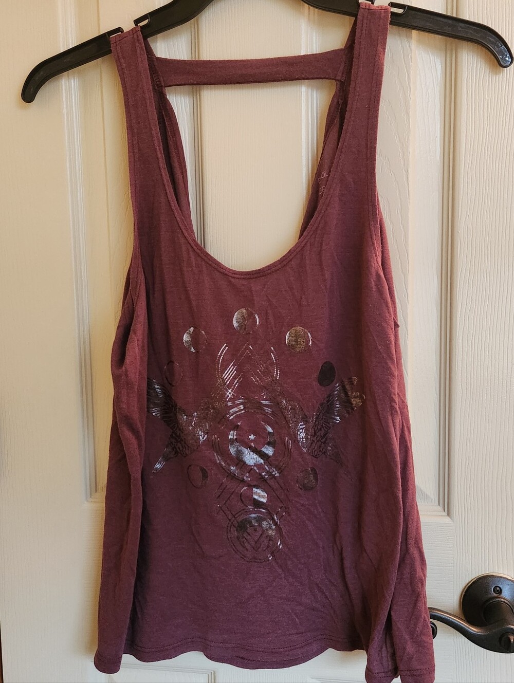 Women’s Drapey Yoga Tank Top in Deep Mauve with Metallic Graphic Birds